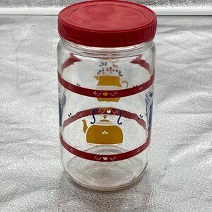 Vintage Glass Jar Plastic‎ Red Lid Colorful Kettle Teapot Coffee Print 6.75” T